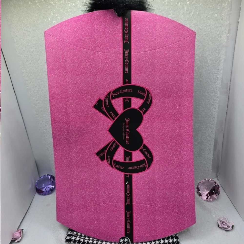 Juicy Couture Pom Pom Beanie & Scarf Set with Gift Box Black White Check Design